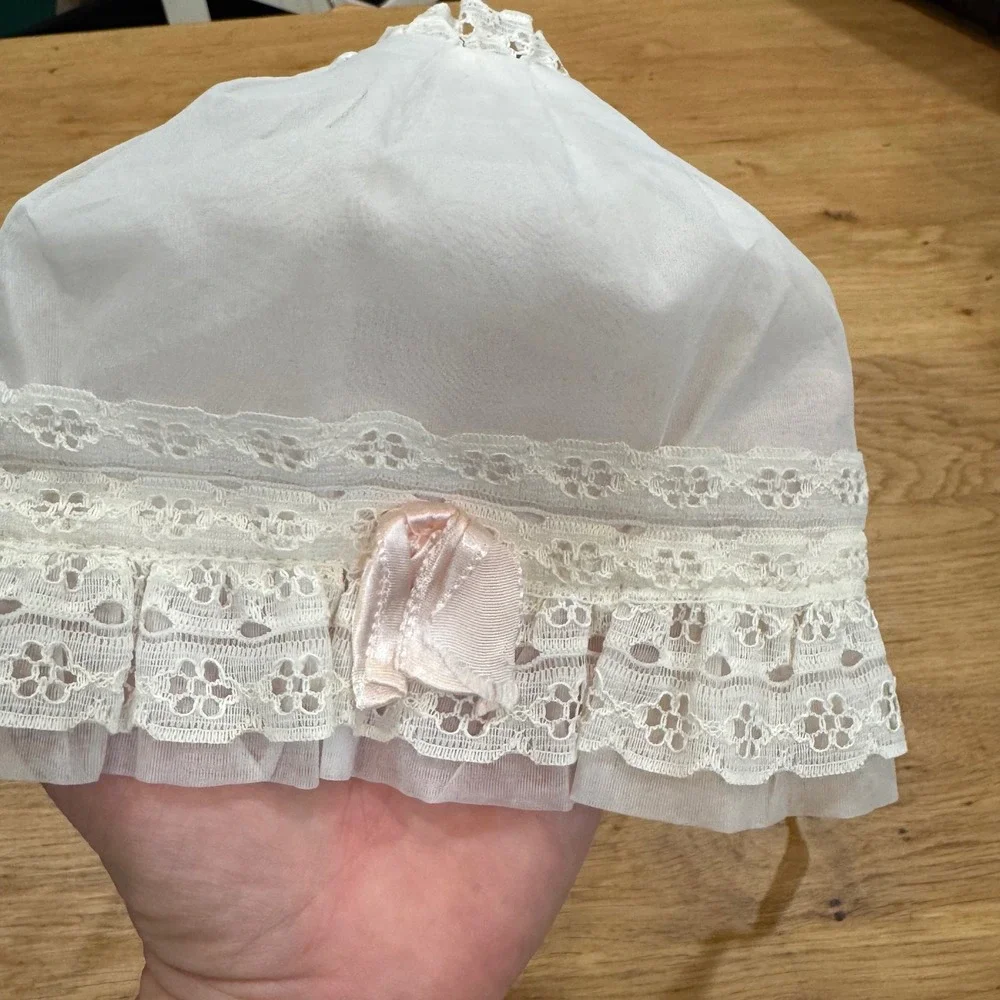 Vintage Baby Bonnet White Sheer Lace Pink Ribbon Christening Baptism Hat